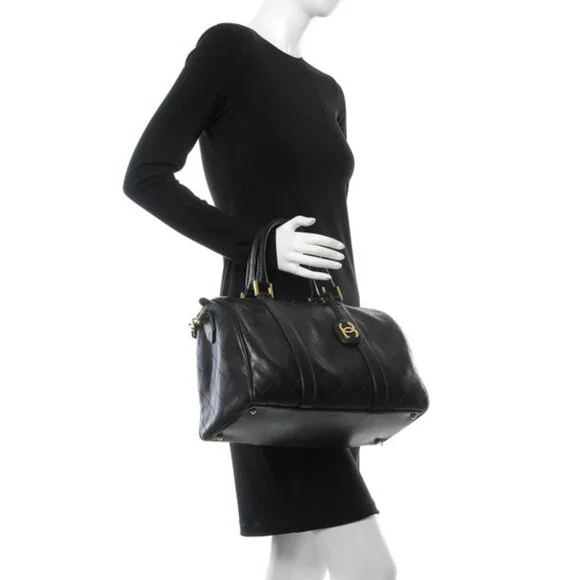 CHANEL Bicolor Coco Mark Handbag Boston Bag Leather Black - Picture 10 of 10